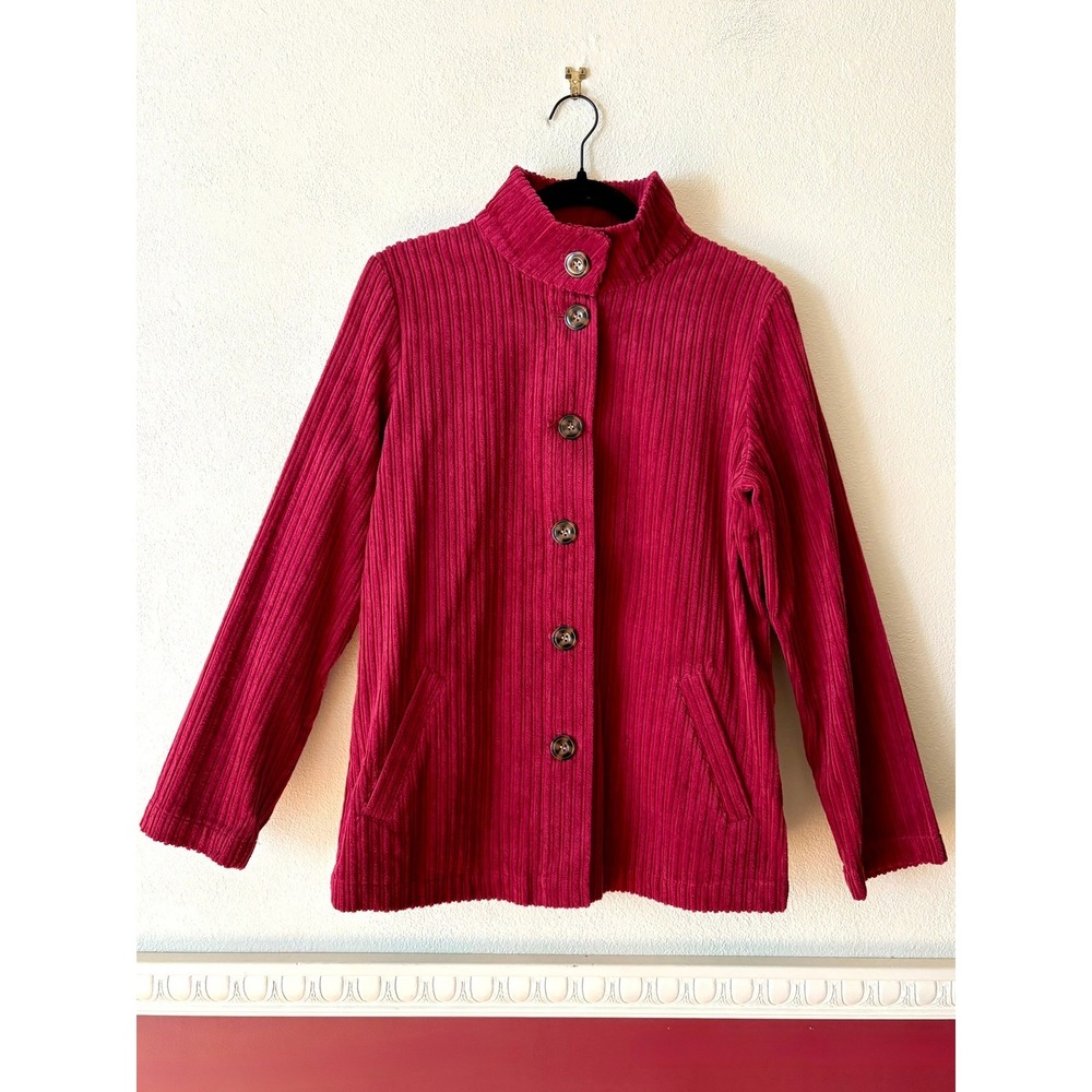 Appleseeds Red Corduroy Button Front Jacket Mock Neck 100% Cotton Sz S Berry Red